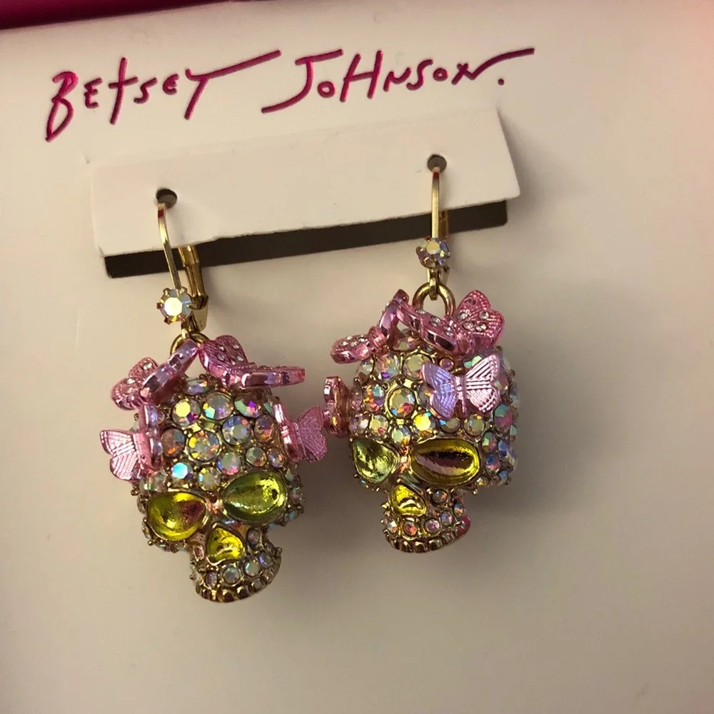 Betsey Johnson Gold Tone Sugar Skull Drop Earrings Butterfly Crystal Accents NIB